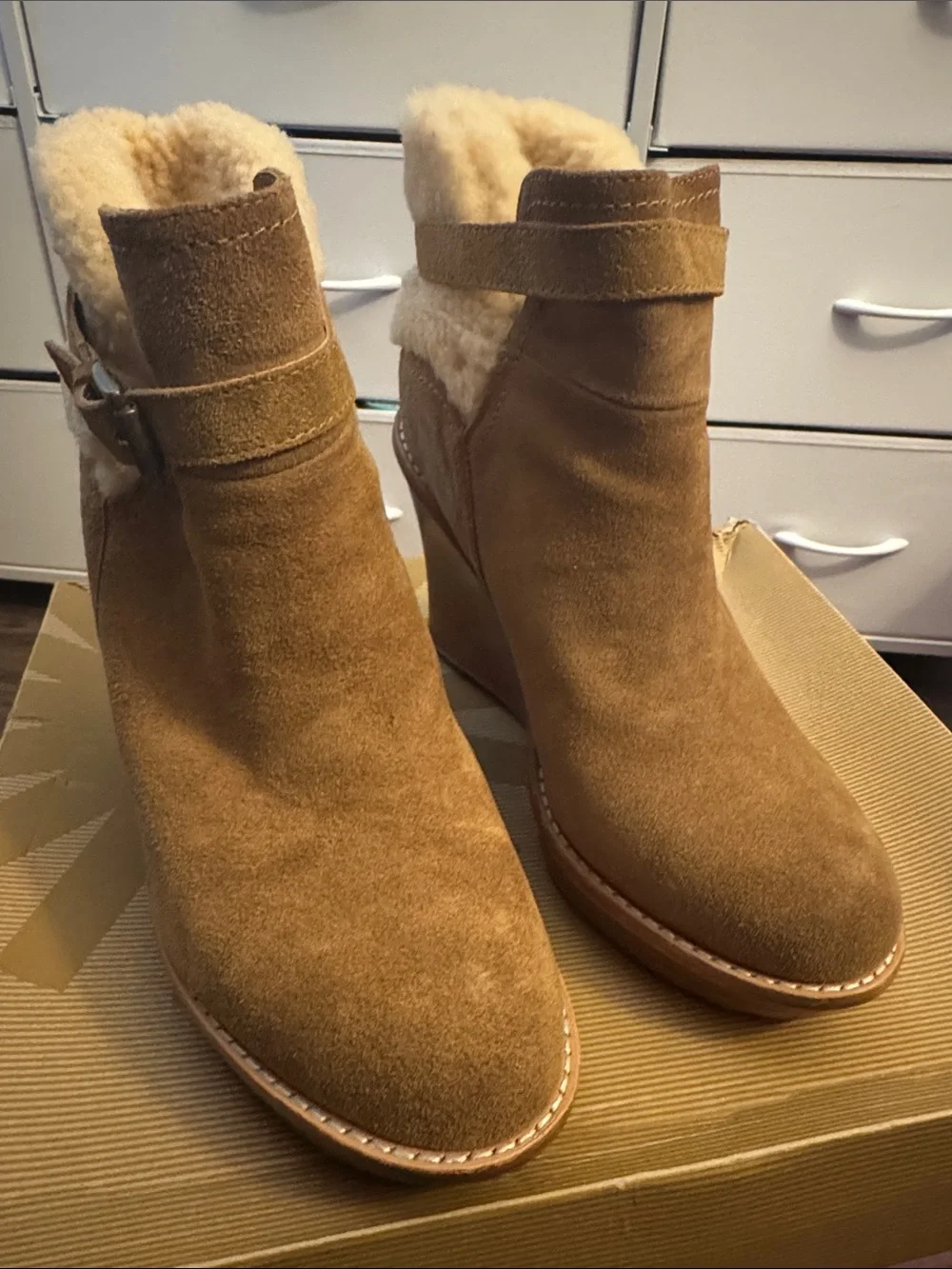 UGG Chestnut Suede Wedge Boot with Shearling Cuff